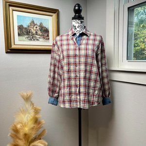 Teddi Petite Flannel Cream, Red and Blue with denim elbow patches